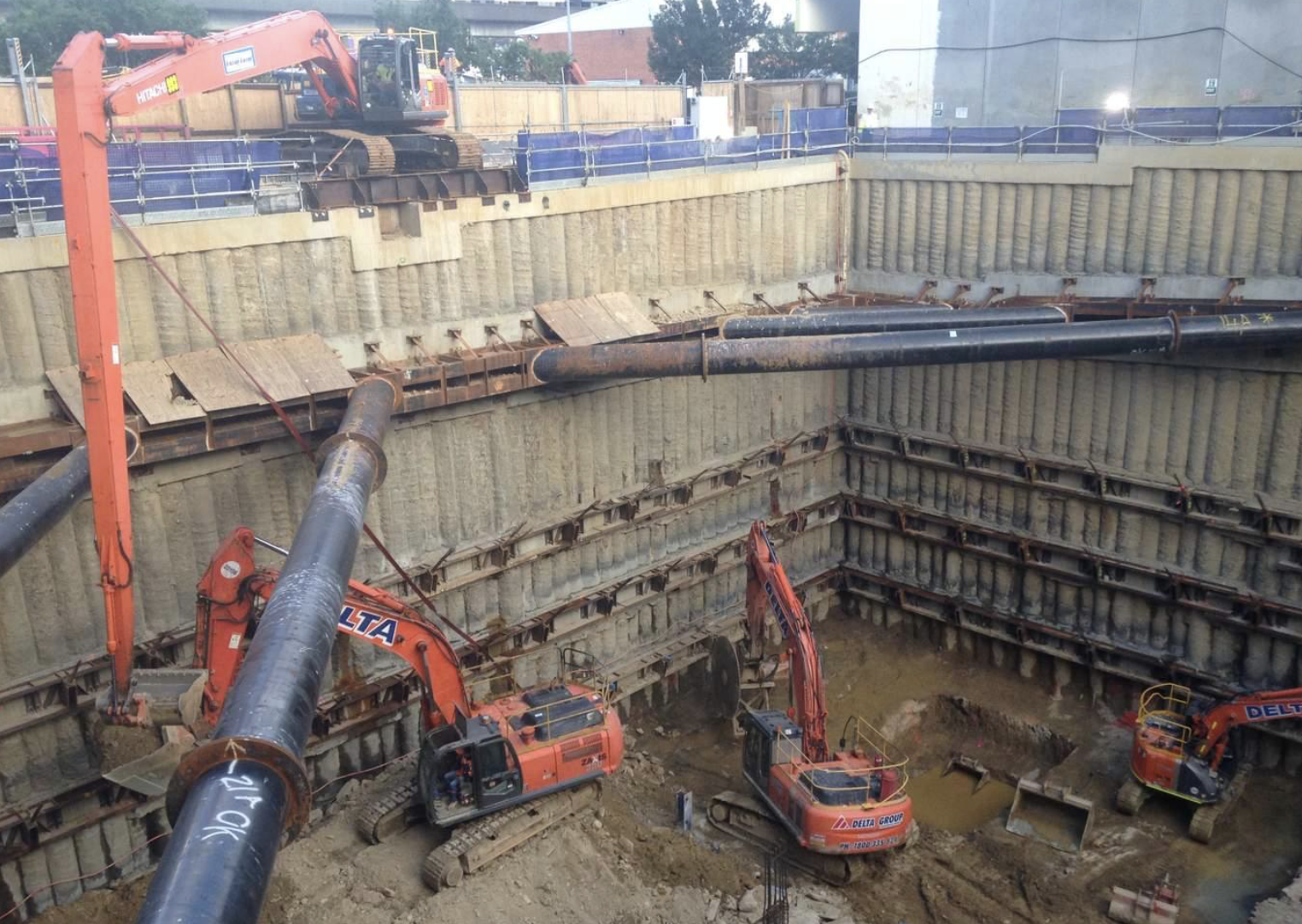 High-rise basement excavation with shoring and bracing